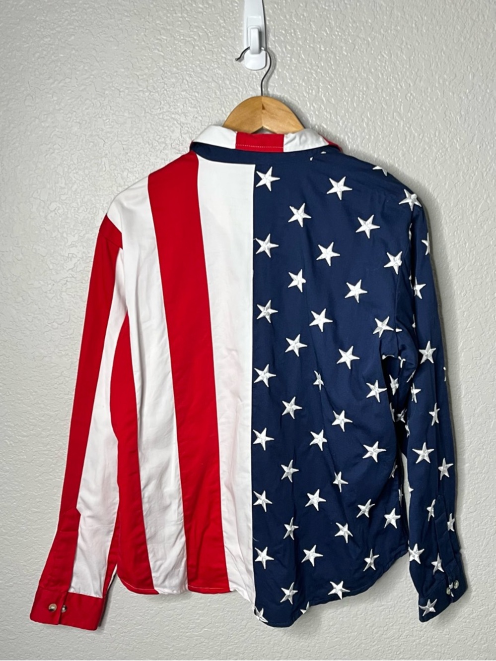 American Summer USA Flag Button Shirt XXL Patriotic Stars Stripes Red White Blue - Picture 7 of 8